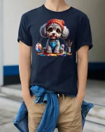 Cute Painter Dog T-Shirt for Art Lovers and Pet Fans - model wearing navy tee with hands in pockets