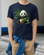 Cute Bamboo Panda T-Shirt for Animal Lovers Gift - model wearing navy tee with hands in pockets