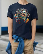 Funny Furry Cyclops Monster T-Shirt for Party Lovers - model wearing navy tee with hands in pockets