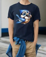 Cute Blue Jay Bird T-Shirt for Nature and Art Lovers - model wearing navy tee with hands in pockets