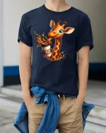 Funny Coffee Giraffe T-Shirt for Caffeine Lovers Gift - model wearing navy tee with hands in pockets