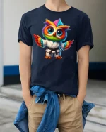 Colorful Martial Arts Owl T-Shirt for Funny Style Fans - model wearing navy tee with hands in pockets