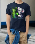 Cute Koala Watering Bamboo T-Shirt for Nature Lovers - model wearing navy tee with hands in pockets