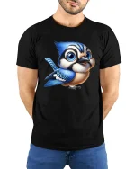 Cute Blue Jay Bird T-Shirt for Nature and Art Lovers - model wearing black tee with hands behind back