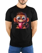 Funny Crazy Monkey T-Shirt for Humor and Laugh Fans - model wearing black tee with hands behind back