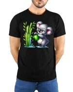 Cute Koala Watering Bamboo T-Shirt for Nature Lovers - model wearing black tee with hands behind back