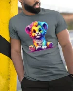 Cute Rainbow Lion Cub T-Shirt for Animal Lovers Gift - model wearing grey tee, leaning on column