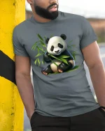 Cute Bamboo Panda T-Shirt for Animal Lovers Gift - model wearing grey tee, leaning on column