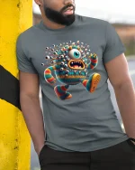 Funny Furry Cyclops Monster T-Shirt for Party Lovers - model wearing grey tee, leaning on column
