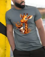 Funny Coffee Giraffe T-Shirt for Caffeine Lovers Gift - model wearing grey tee, leaning on column