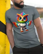 Colorful Martial Arts Owl T-Shirt for Funny Style Fans - model wearing grey tee, leaning on column