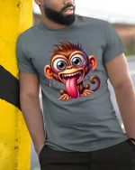 Funny Crazy Monkey T-Shirt for Humor and Laugh Fans - model wearing grey tee, leaning on column