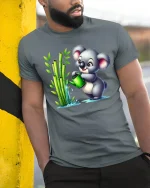 Cute Koala Watering Bamboo T-Shirt for Nature Lovers - model wearing grey tee, leaning on column