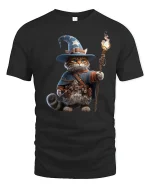 Wizard Cat Magic T-Shirt for Fantasy and Cat Lovers - black t-shirt on white background