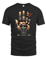 Mystical All-Seeing Hand T-Shirt with Butterfly Design - black t-shirt on white background