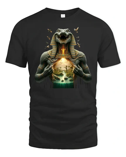 Egyptian Crocodile Pharaoh T-Shirt Mythic Warrior Art - black t-shirt on white background