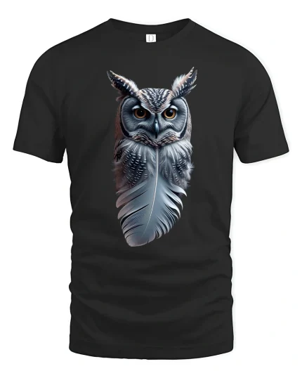 Realistic Owl Feather T-Shirt for Nature Art Lovers - black t-shirt on white background