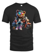 Cool Biker Bear T-Shirt with Sunglasses and Motorbike - black t-shirt on white background