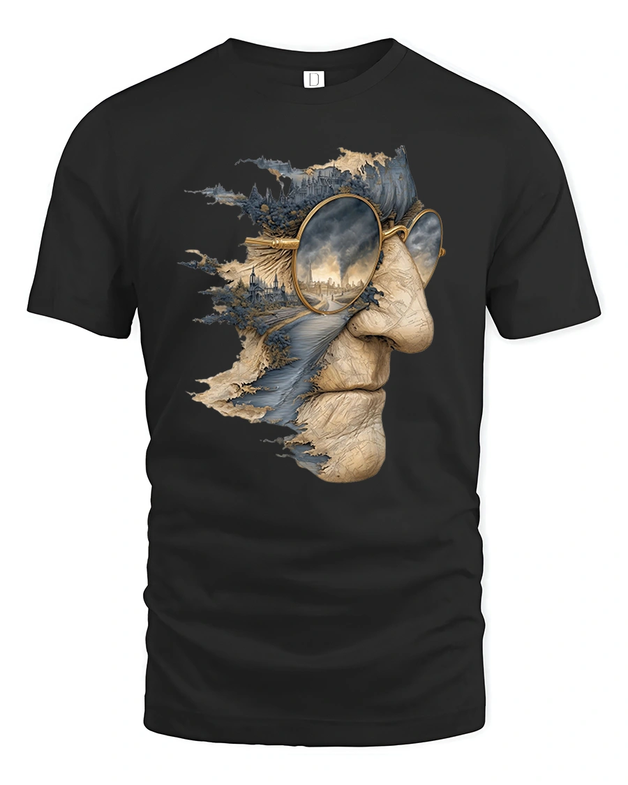 Surreal Landscape Face T-Shirt for Art and Dream Lovers - 1 Surreal Landscape Face T-Shirt for Art and Dream Lovers - black t-shirt on white background