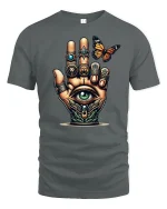 Mystical All-Seeing Hand T-Shirt with Butterfly Design - gray t-shirt on white background