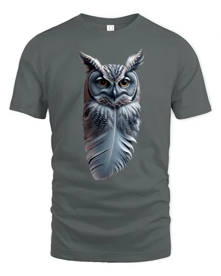 Realistic Owl Feather T-Shirt for Nature Art Lovers - gray t-shirt on white background