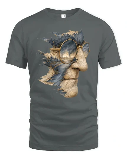 Surreal Landscape Face T-Shirt for Art and Dream Lovers - gray t-shirt on white background