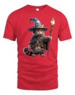 Wizard Cat Magic T-Shirt for Fantasy and Cat Lovers - red t-shirt on white background