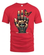 Mystical All-Seeing Hand T-Shirt with Butterfly Design - red t-shirt on white background