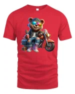 Cool Biker Bear T-Shirt with Sunglasses and Motorbike - red t-shirt on white background