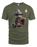 Wizard Cat Magic T-Shirt for Fantasy and Cat Lovers - military green t-shirt on white background