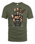 Mystical All-Seeing Hand T-Shirt with Butterfly Design - military green t-shirt on white background