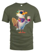 Funny Surfer Seagull T-Shirt for Beach and Coffee Fans - military green t-shirt on white background