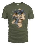 Surreal Landscape Face T-Shirt for Art and Dream Lovers - military green t-shirt on white background