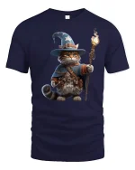 Wizard Cat Magic T-Shirt for Fantasy and Cat Lovers - navy t-shirt on white background