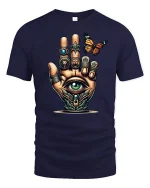 Mystical All-Seeing Hand T-Shirt with Butterfly Design - navy t-shirt on white background