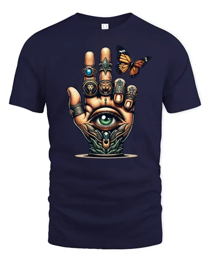 Mystical All-Seeing Hand T-Shirt with Butterfly Design - navy t-shirt on white background