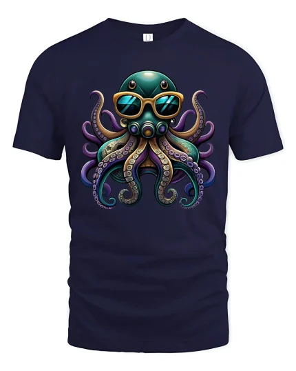 Cool Octopus T-Shirt with Sunglasses Funny Beach Tee - navy t-shirt on white background