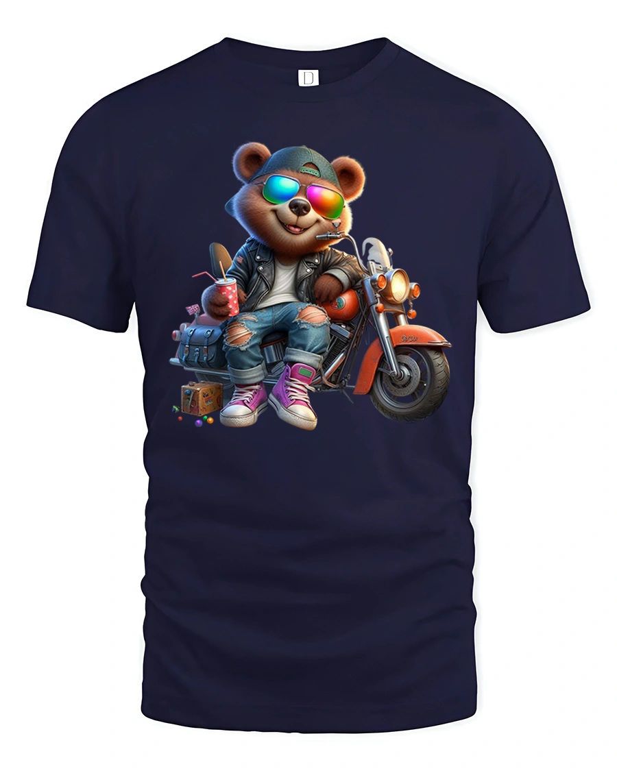 Cool Biker Bear T-Shirt with Sunglasses and Motorbike - 1 Cool Biker Bear T-Shirt with Sunglasses and Motorbike - navy t-shirt on white background