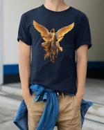 Heavenly Rider Angel T-Shirt for Faith and Hope Lovers - model wearing navy tee with hands in pockets