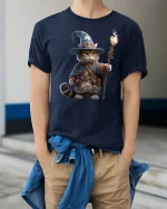 Wizard Cat Magic T-Shirt for Fantasy and Cat Lovers - model wearing navy tee with hands in pockets