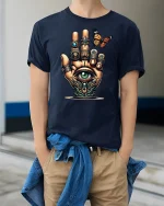 Mystical All-Seeing Hand T-Shirt with Butterfly Design - model wearing navy tee with hands in pockets