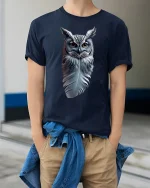 Realistic Owl Feather T-Shirt for Nature Art Lovers - model wearing navy tee with hands in pockets