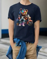 Cool Biker Bear T-Shirt with Sunglasses and Motorbike - model wearing navy tee with hands in pockets