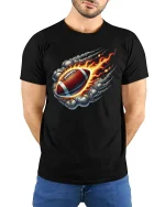 Flaming Football T-Shirt for Sports and Game Lovers - model wearing black tee with hands behind back