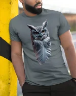 Realistic Owl Feather T-Shirt for Nature Art Lovers - model wearing grey tee, leaning on column