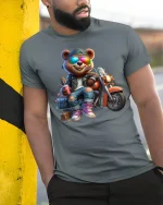 Cool Biker Bear T-Shirt with Sunglasses and Motorbike - model wearing grey tee, leaning on column