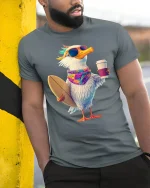 Funny Surfer Seagull T-Shirt for Beach and Coffee Fans - model wearing grey tee, leaning on column