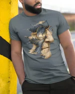 Surreal Landscape Face T-Shirt for Art and Dream Lovers - model wearing grey tee, leaning on column