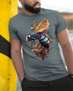 Futuristic Bee T-Shirt for Nature and Art Lovers Gift - model wearing grey tee, leaning on column