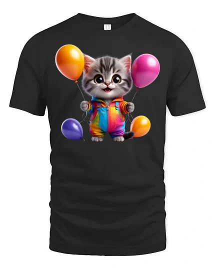 Cute Kitten with Balloons Rainbow Outfit Graphic Tee - black t-shirt on white background